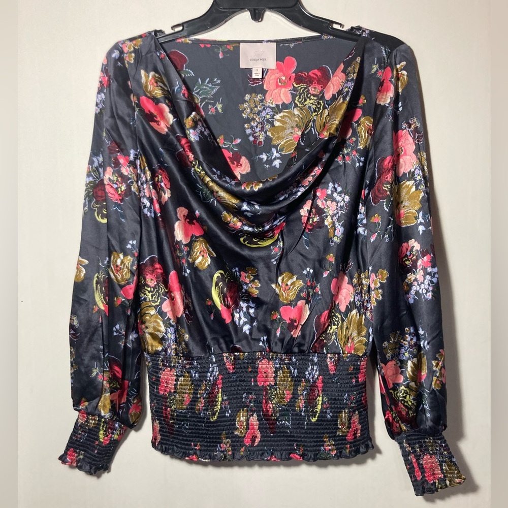 Cinc a Sept Ranya Floral Cowl Neck Silk Top Smocked Hem & Cuffs Size Small EUC!